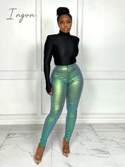 Ingvn - Streetwear metallic y2k Pants For Women High Waist  Skinny Pants Red Green Silver Club Sexy Fashion Trousers