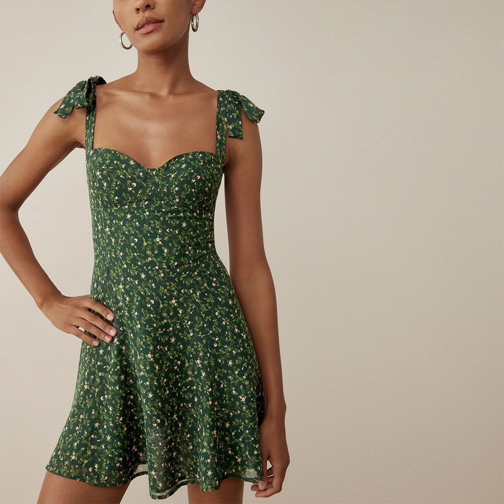 Summer Dress Women Floral Print Mini Dress Sweetheart Neck Sleeveless Spaghetti Strap Tie Beach Dress Vacation Sundress