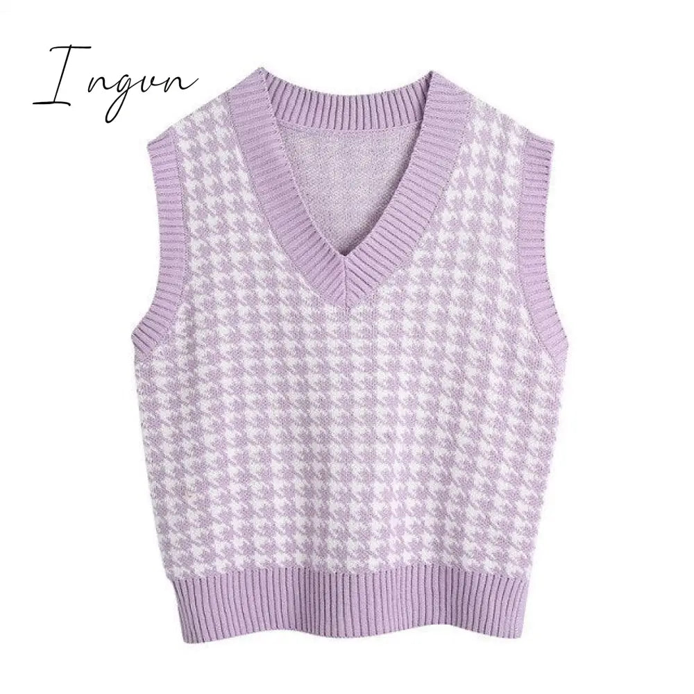 Ingvn - Fashion Women Knitted Vest Pullovers V Neck Sleeveless Houndstooth Knitted Jumper Pullovers Korean Loose Plaid Sweater Vest