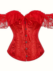 Romantic Lace Stitching Corset Bustier - Firm Tummy Control Body Shaper with Adjustable Lace-Up - Elegant Jacquard Fabric Womens Lingerie & Premium Shapewear