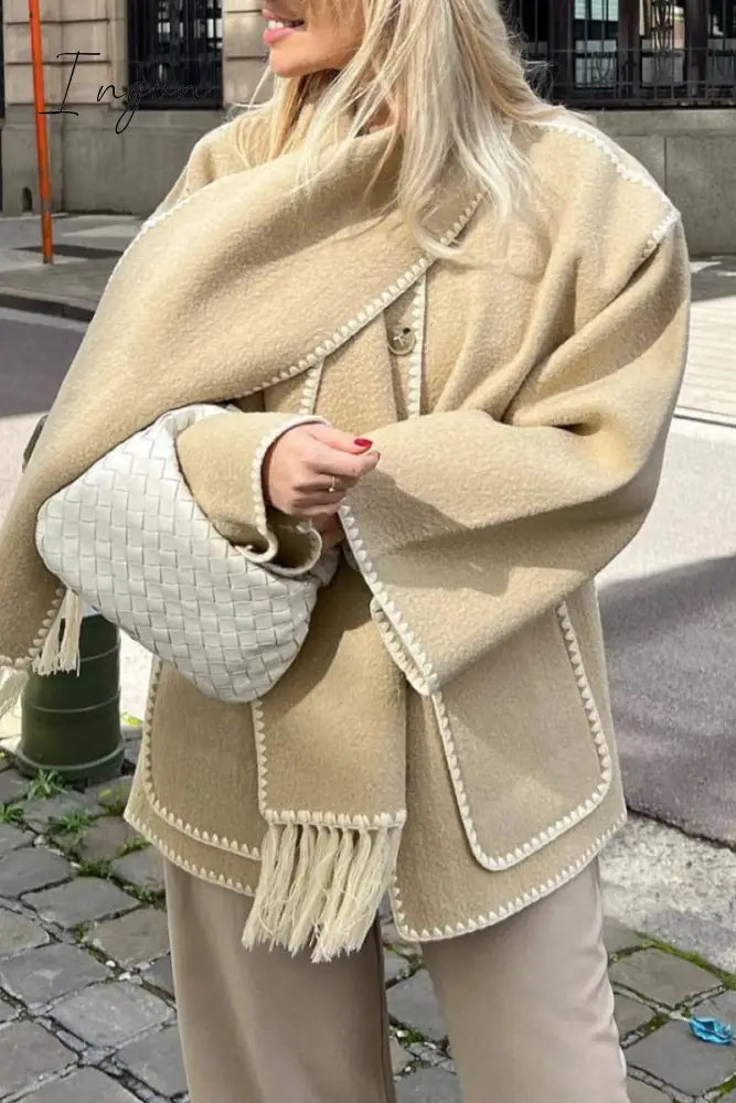 Ingvn - Casual British Style Solid Tassel Contrast Scarf Collar Outerwear