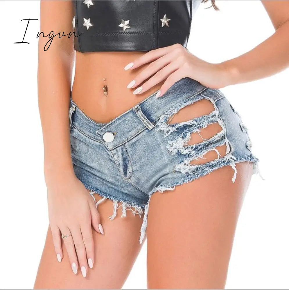 Ingvn - Sexy Low Waist Bandage Denim Ripped Hole Short Jeans Women Mini Skinny Sexy Club DJ Dance Shorts New White Blue Black