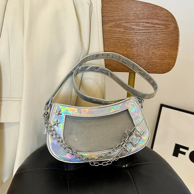 Ingvn  Laser Silver Shoulder Bag for Women Designer Casual Fashion Transparent Lolita Ita Bag Jk All-match Chain Y2k New Handbag