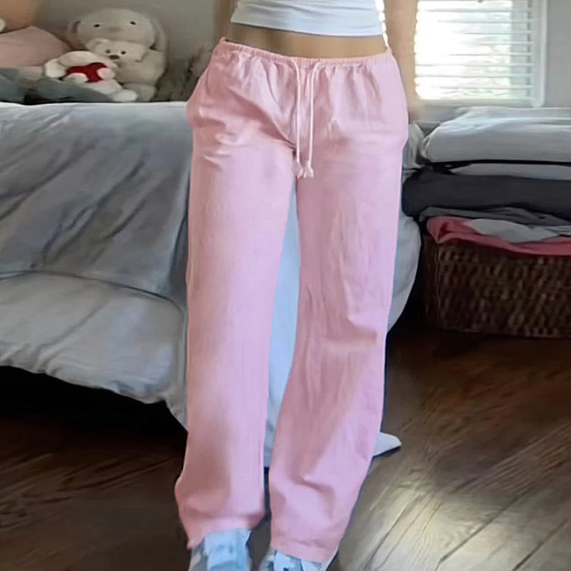 Drawstring Low Rise Pink Casual Pants y2k Basic See Through Pants y2k Aesthetic Straight Trousers for Women Korean Style