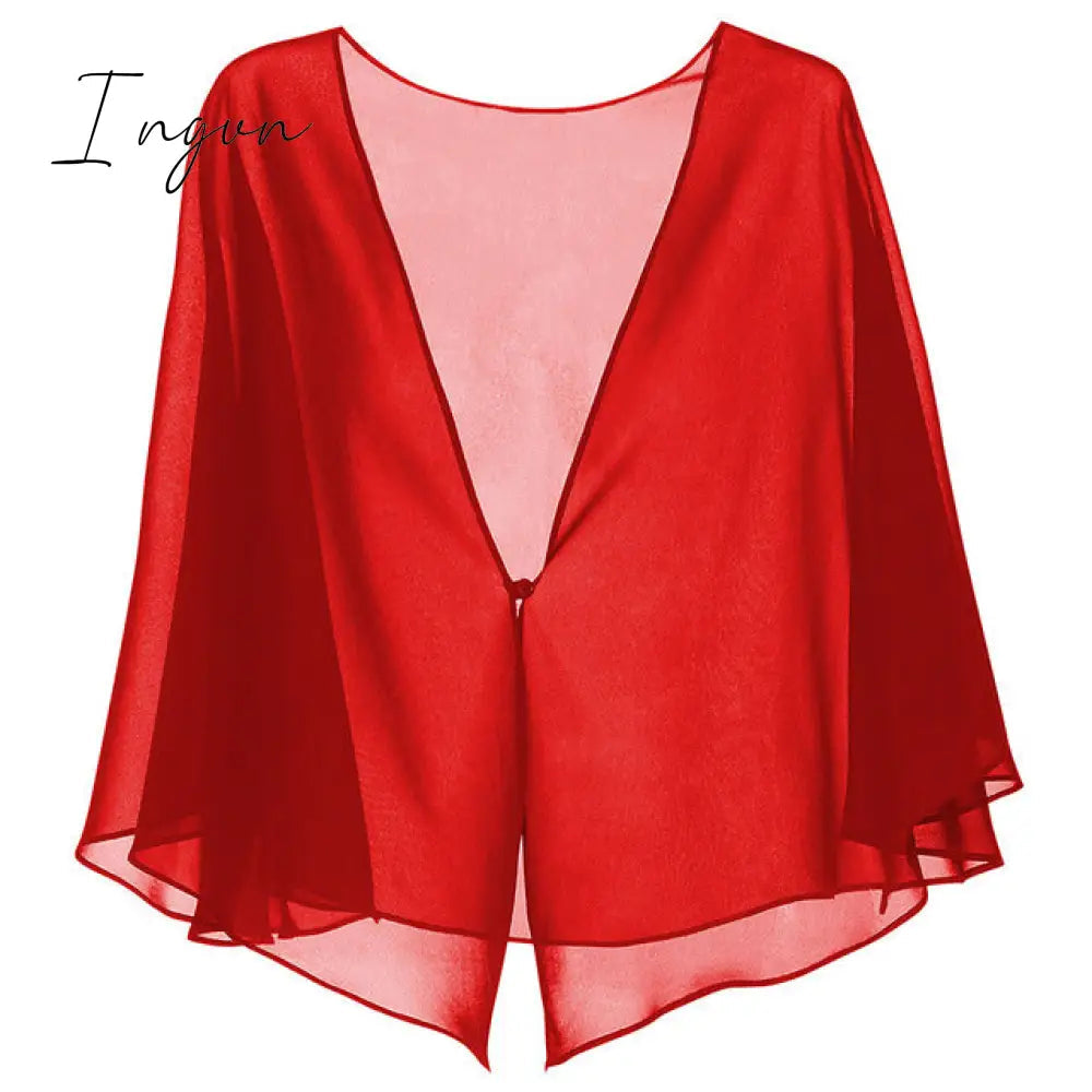 Ingvn - Womens Fashion Women Black Chiffon Bolero Prom Party V-neck with Button Shrug Elegant Simple Soft Casual Cape for Lady Evening Dress Red White