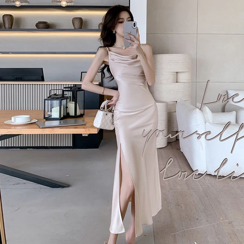 Elegant Party Black Satin Midi Dresses for Women Summer New Sexy Fashion Bodycon Sleeveless Split Strap Female Clothing