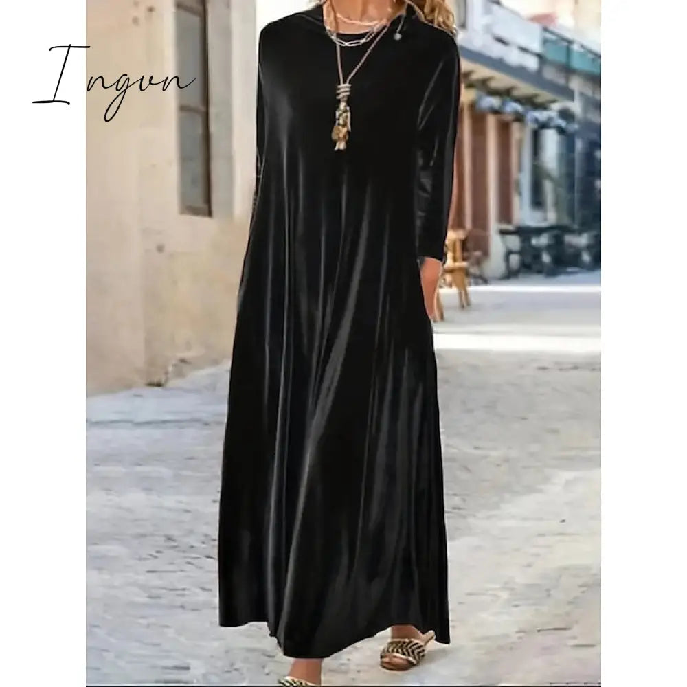 Ingvn - Women‘s Velvet Dress Shift Dress Caftan Dress Long Dress Maxi Dress Green Black Purple Long Sleeve Pure Color Pocket Winter Fall Spring Crew Neck Mature Winter Dress Daily Vacation 2023