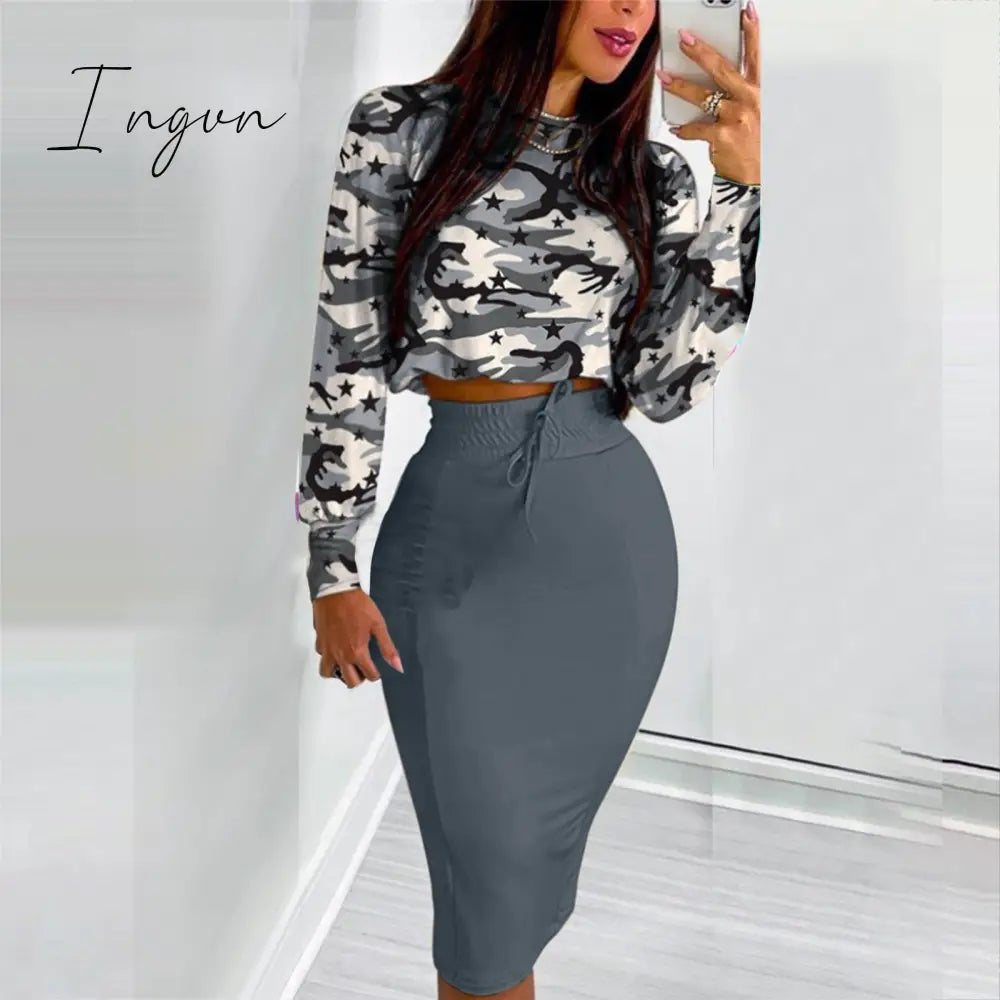 Ingvn - Sexy Crop Long Sleeve Pink Bodycon Dress Sets Women Autumn Print Cropped Feminino Two Piece Set Women Skirt Dress Suits