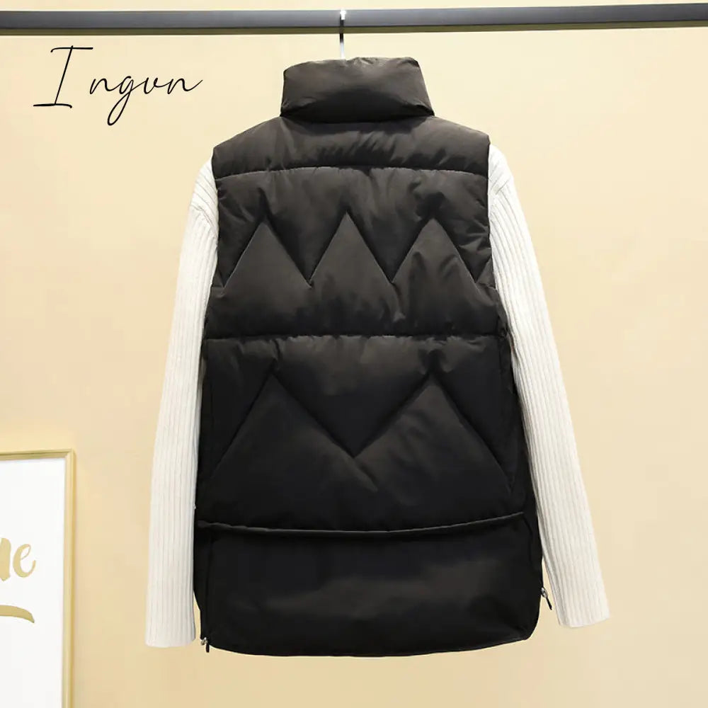 Ingvn - Autumn Winter Down Cotton Soild Women's Vest Short Style New Slim Fashion Stand-up Collar White Jacket Sleeveless Vest