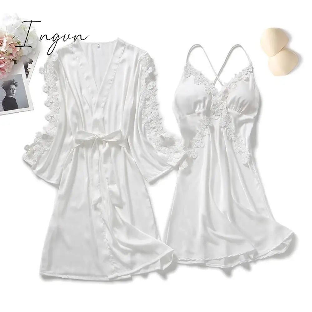 Ingvn - Lace Trim Sexy Wedding Lady Robe Suit Loose Satin Bride Bridesmaid Kimono Bathrobe Gown Mini Sleepwear Rayon Intimate Lingerie