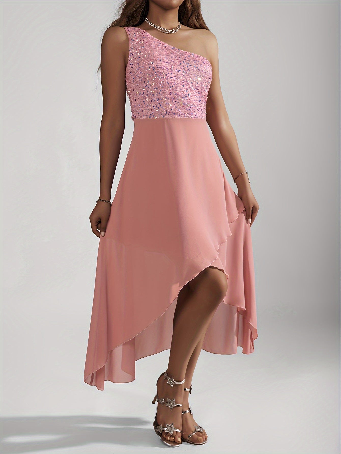 Sequin One-shoulder Tulip Dress, Elegant Sleeveless Dress For Party & Banquet, Women's Clothing