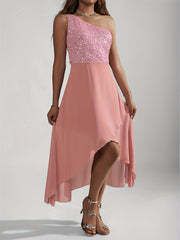 Sequin One-shoulder Tulip Dress, Elegant Sleeveless Dress For Party & Banquet, Women's Clothing