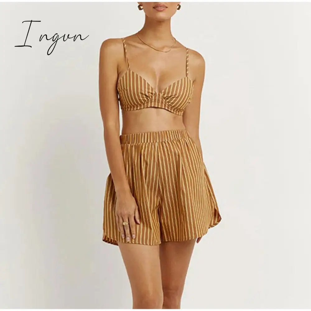 Ingvn - Women Tracksuits Shirt With Mini Shorts Cotton Two Pieces Sets Summer Fashion Clothing Outfits Women Blouses Fashion Tracksuits