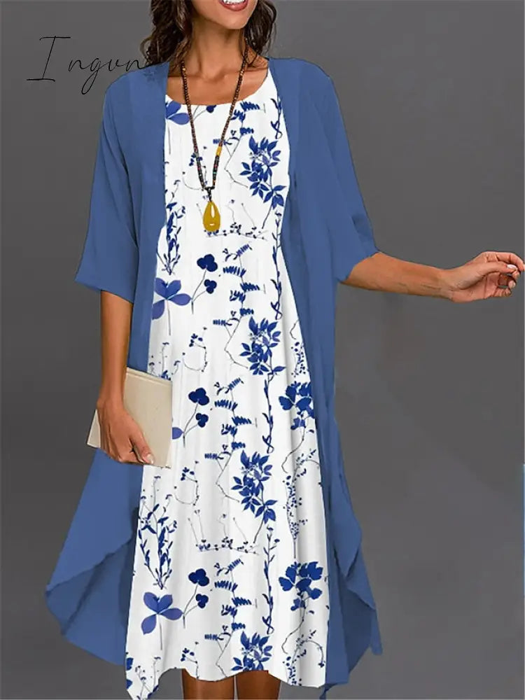Ingvn - Women's Two Piece Dress Set Casual Dress Print Dress Outdoor Daily Fashion Elegant Print Midi Dress Crew Neck 3/4 Length Sleeve Floral Ombre Loose Fit Pink Dark Pink Blue Summer Spring S M L XL XXL