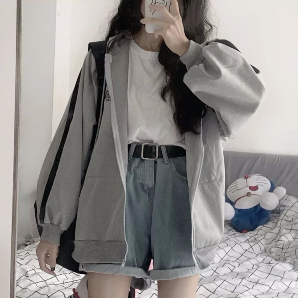 VOGUABLE  Women Hoodies Harajuku Korean Version Zip Up Loose Oversized Sweatshirts Casual Solid Color Long Sleeve Hooded Sweatshirt Coats