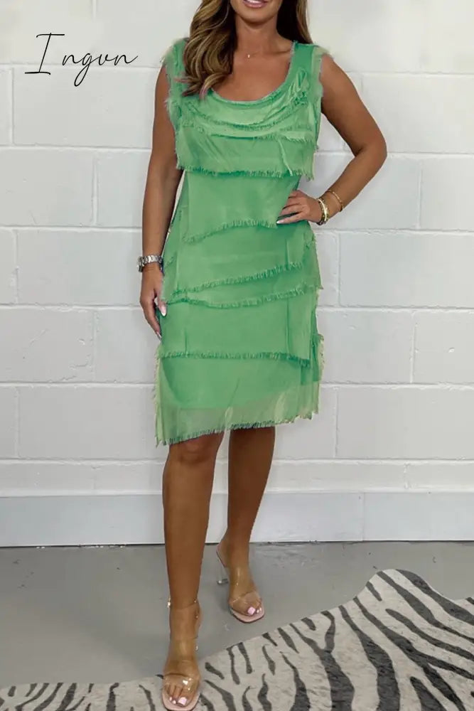 Chiffon Sleeveless Raw Edge Cake Skirt Green Grass / S(Us 6-8)