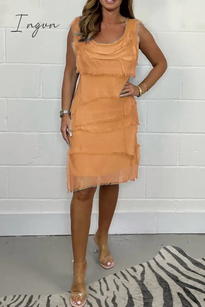 Chiffon Sleeveless Raw Edge Cake Skirt Orange / S(Us 6-8)