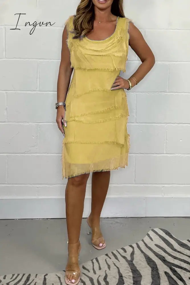 Chiffon Sleeveless Raw Edge Cake Skirt Yellow / S(Us 6-8)