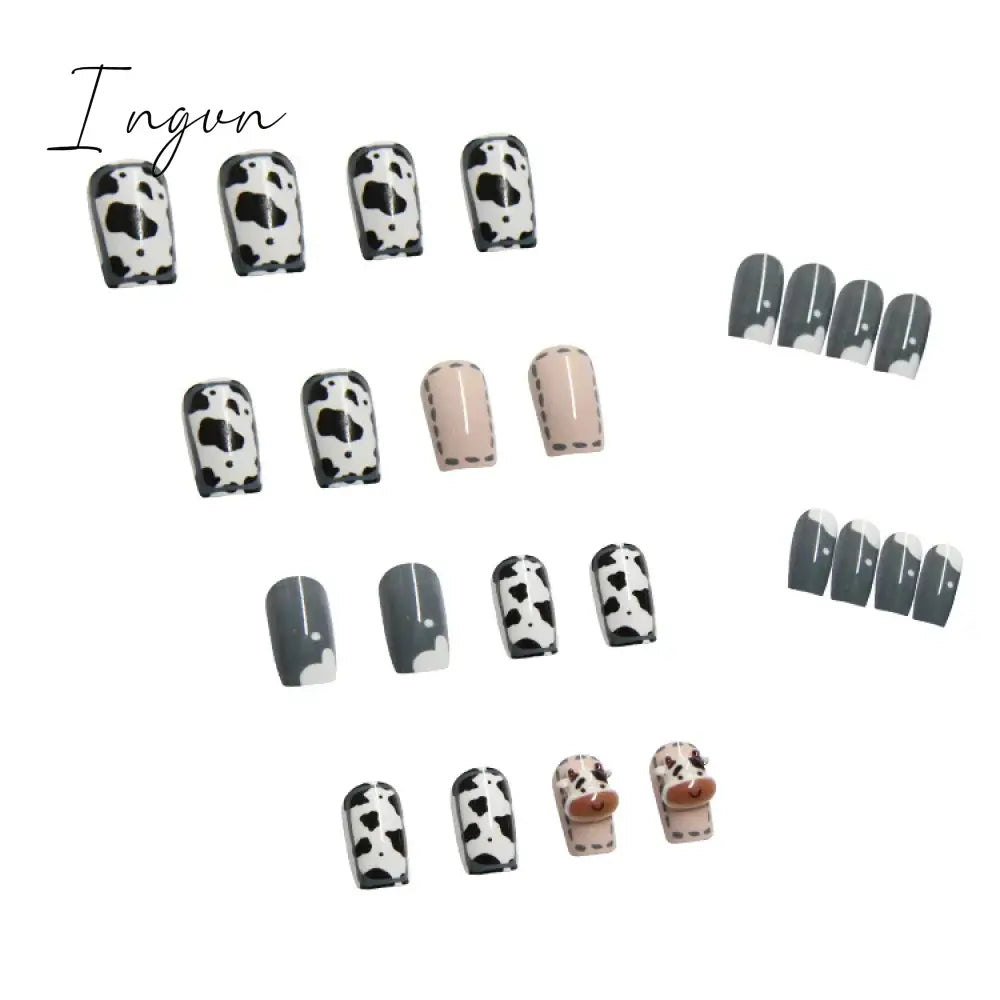 Cute Cow Fake Nails Art Nail Tips Press On False Set Full Cover Artificial Short Square Head
