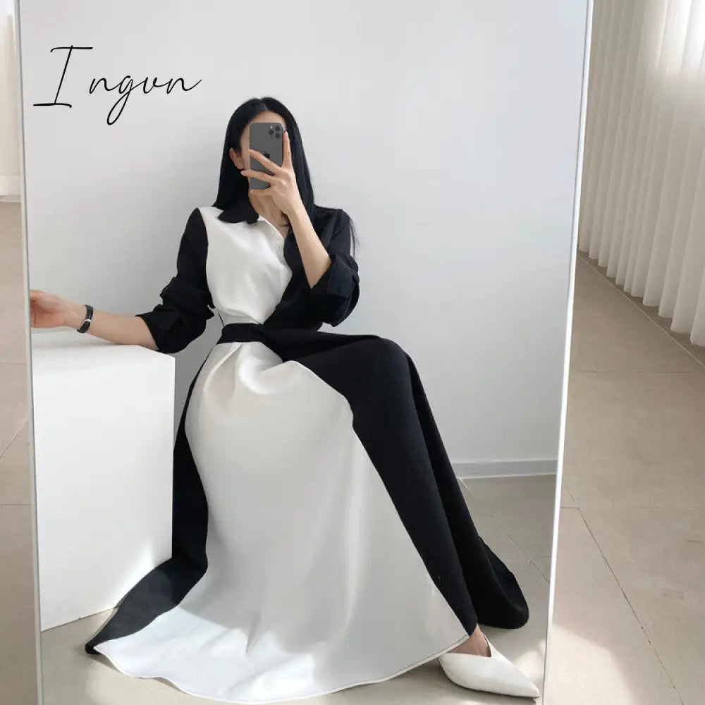 Ingvn - Spring Autumn Retro Temperament Contrast Color Lapel Long-Sleeved Shirt Female Midi Dress Korean Elegant Fashion Slim Chic Dress
