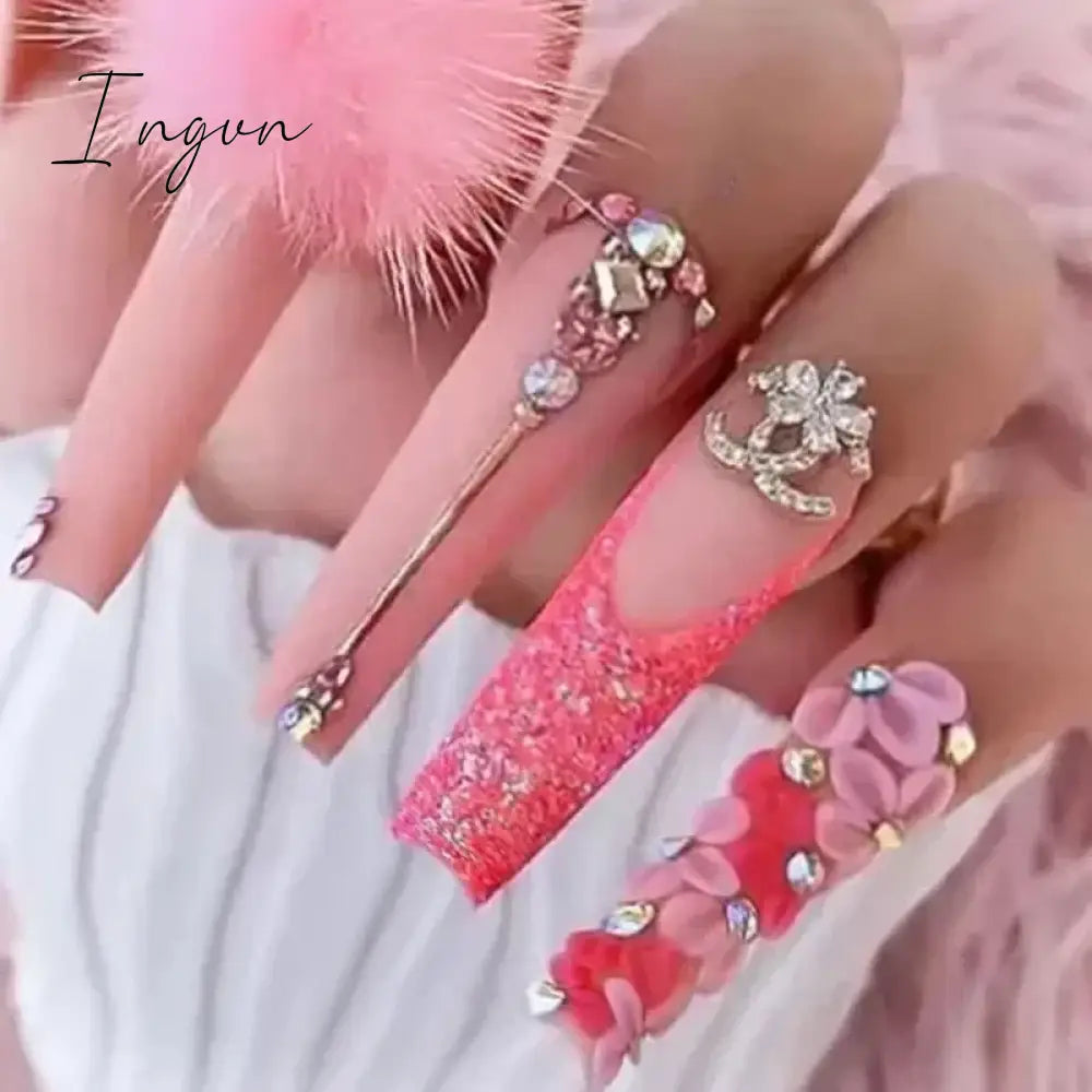 24pcs French rhinstones artifical nails with glue full cover false nails detachable coffin fake nail bling press on nails