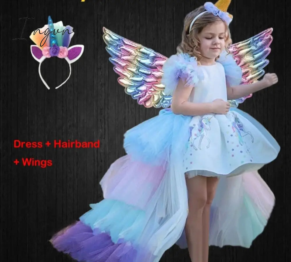Ingvn - Christmas Girls Unicorn Dress with Long Tail + Wings Wig Hairband Baby Girl Princess Birthday Party Ball Gown Kids Horse Clothes