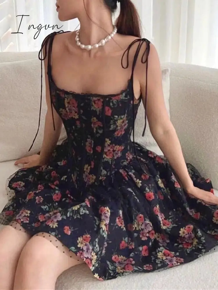 Ingvn - 2023 Sexy Women Black Flower Print Spliced Mesh Bra Corset style Mini Dress Slim Waist Party Skater Bow Lacing up Sling Robe