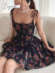 Ingvn - 2023 Sexy Women Black Flower Print Spliced Mesh Bra Corset style Mini Dress Slim Waist Party Skater Bow Lacing up Sling Robe
