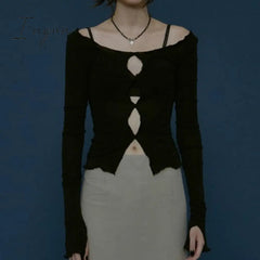 Ingvn - Spring Outfits Sexy solid hollow out top long sleeve O-neck t-shirt woman casual Autumn Spring top