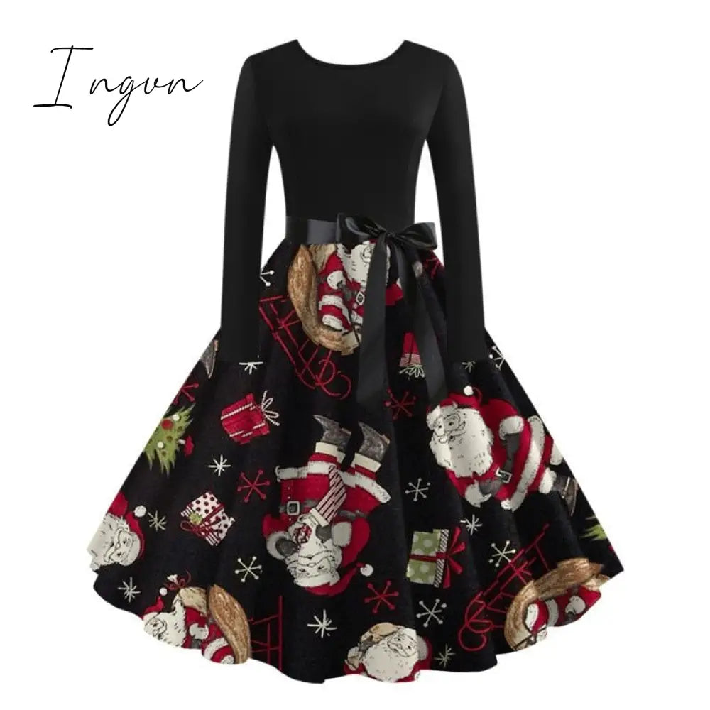 Ingvn - Christmas Halloween Costumes  Retro Positioning Print Party Casual Long Sleeve Round Neck Swing Dress