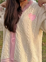 Heart & Stars Embroidered Button Front Cardigans, Casual V Neck Long Sleeve Knitted Cardigans Top For Spring & Fall, Women's Clothing