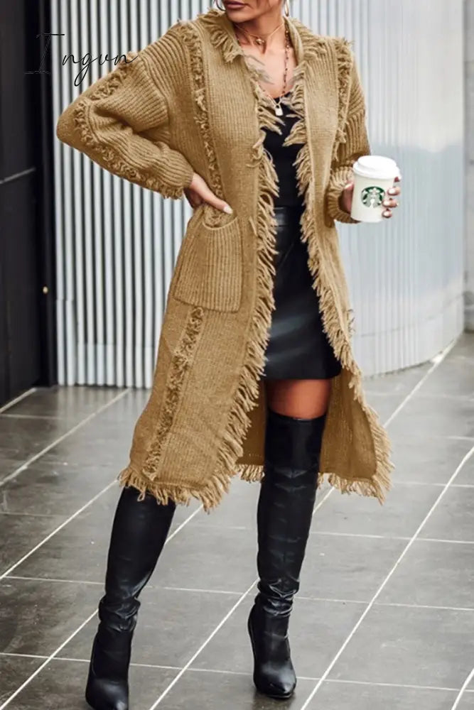 Ingvn - Casual Solid Tassel Patchwork Pocket Cardigan Collar Outerwear