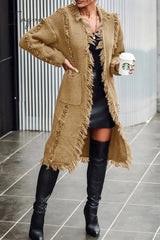 Ingvn - Casual Solid Tassel Patchwork Pocket Cardigan Collar Outerwear