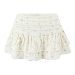 Sweet Girl Floral Print Layer Cake Mini Skirt Women Pleated Sexy Low Waist A-line Holiday Summer Skirts