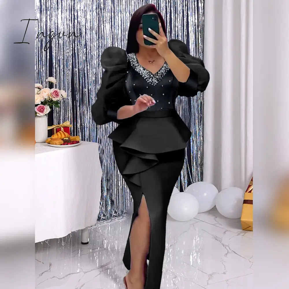 Ingvn - Chic Women Long Dresses Beaded Sweetheart Neck Tulle Long Sleeve High Waist Slit Dress Elegant Date Night Business Club Wear 3XL