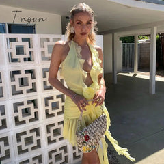 Ingvn - Floral Applique Elegant Halter Frill Hem Mini Dresses  for Women Summer Ruffle See Through Deep V Dresses Vestidos