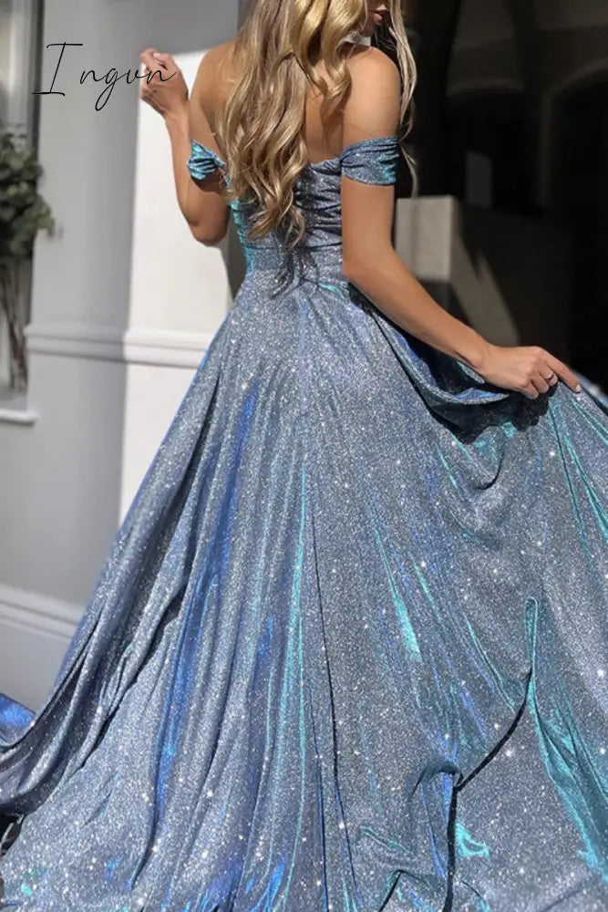 Ingvn - Sexy Formal Solid Sequins Patchwork Backless Slit Off the Shoulder Evening Dress Dresses