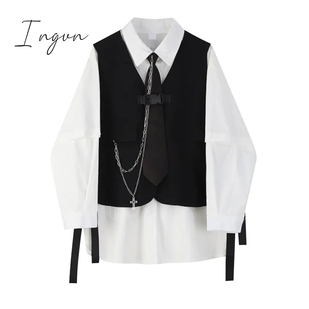 Ingvn - Spring Autumn Women's Two-Piece Sets Streetwear Fashion Tooling Style Vest And Solid Loose Long Sleeve Shirts Female Suit