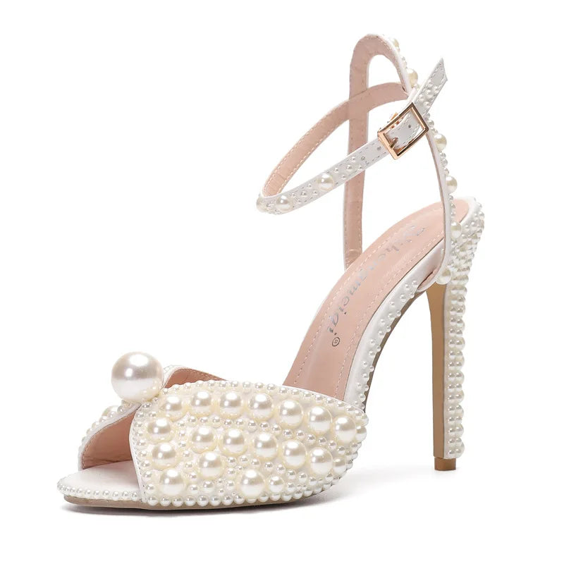 New White Female Sandals Bridal Shoes Woman Fashion Thin Heel Big Pearl Girls Fashion Sandals Party Shoes Sandales Femmes