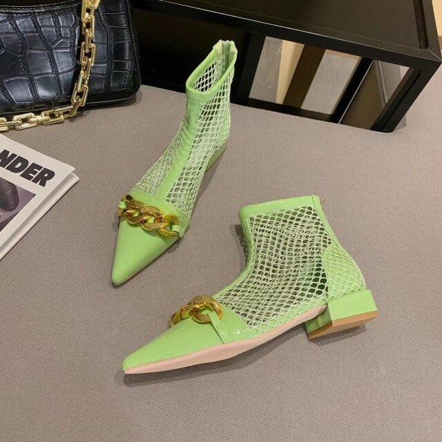 Women Ankle Boots Metal Chain Flat Mid Heeled Summer Sandals Boots Casual Slides Mules Shoes Back Zipper Green Fashion Boots