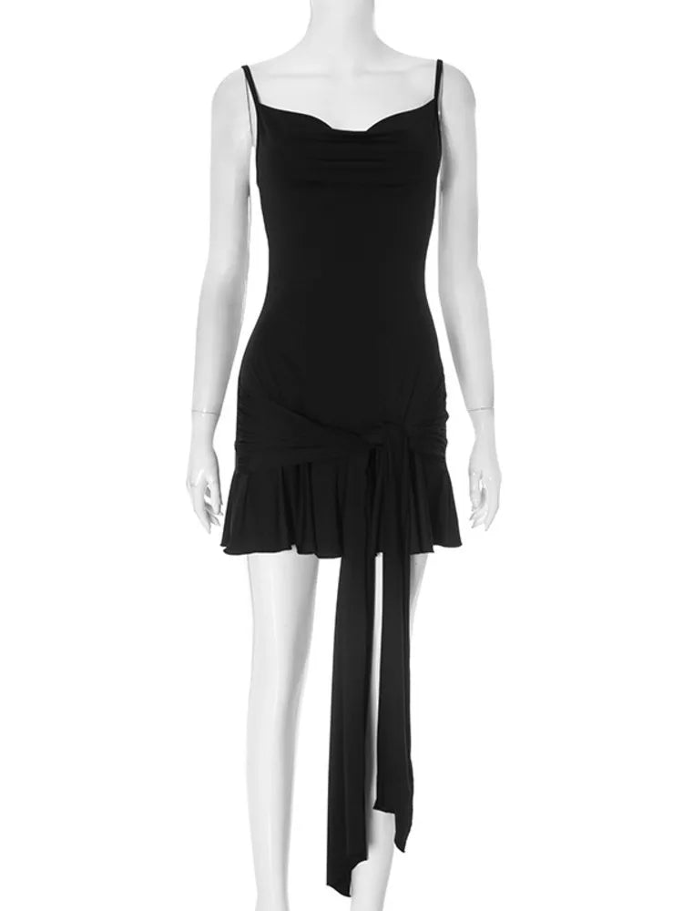 Spaghetti Strap Draped Ruffled Sexy Mini Dress For Women Robe Fashion Solid Sleeveless Backless High Waist Club Dress