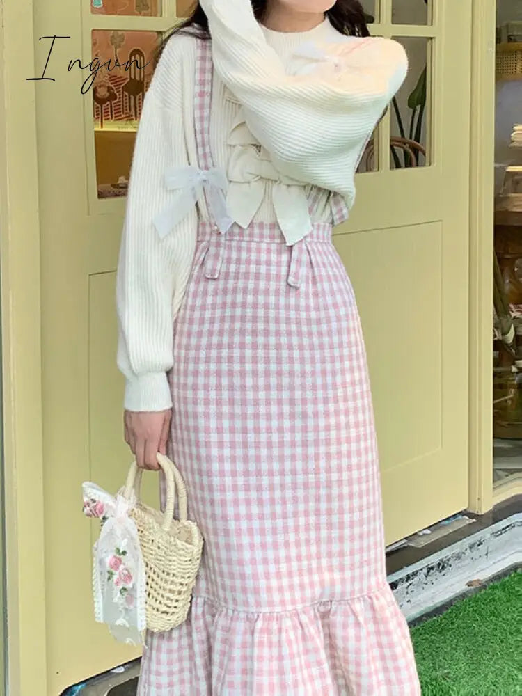 Ingvn - Spring Japanese Kawaii Plaid Strap Skirts Women Sweet Bow Designer Party Midi Skirt Female Casual Korean Fashion Cute Skirt