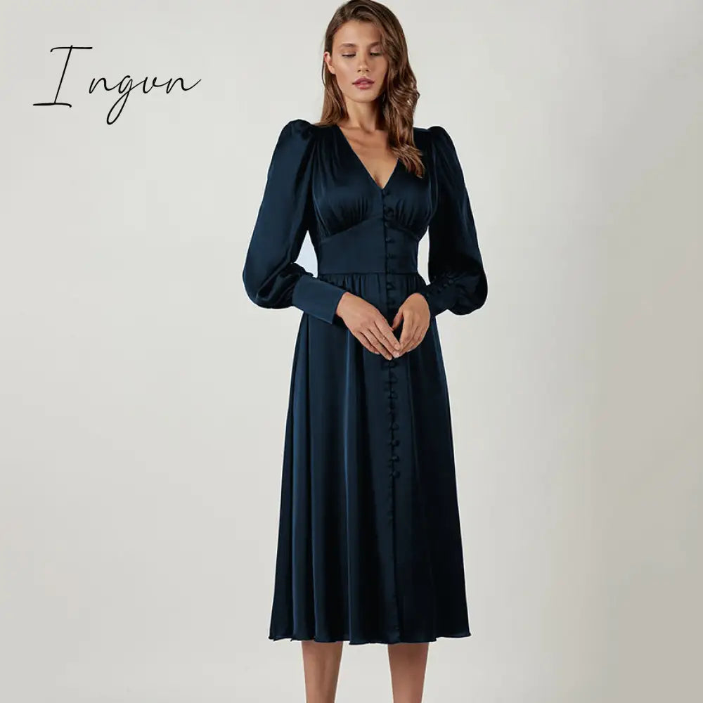 Ingvn - Women Autumn Puff Sleeve Elegant Dress Long Sleeve V Neck Slim Waist Long Dress Korean Fashion Vintage Dresses Female