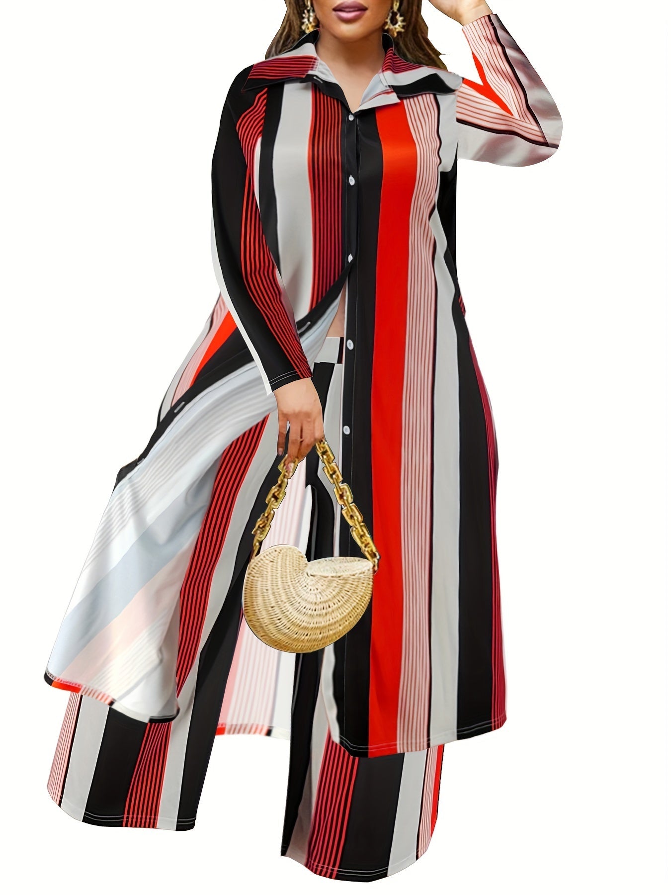 Plus Size Fashionable Outfits Set, Women's Plus Striped Button Up Long Sleeve Shirt Dress & Wide Leg Pants Outfits Two Piece Set
