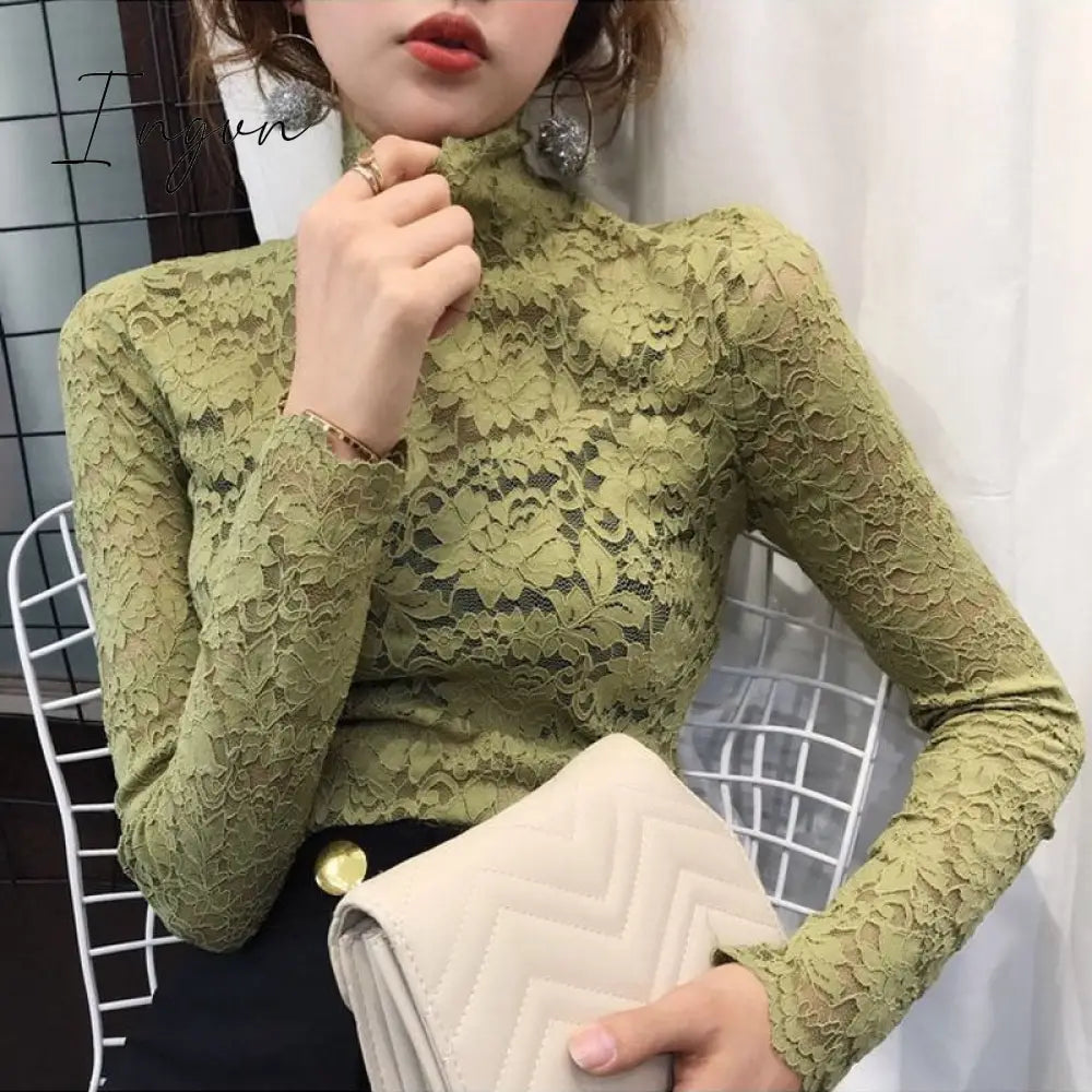Ingvn - gifts for women Plus Size Women Lace Blouses Shirts Sexy Hollow Out Long Sleeve Solid Blouse Lady Elegant Floral Embroidery Elastic Shirt Tops
