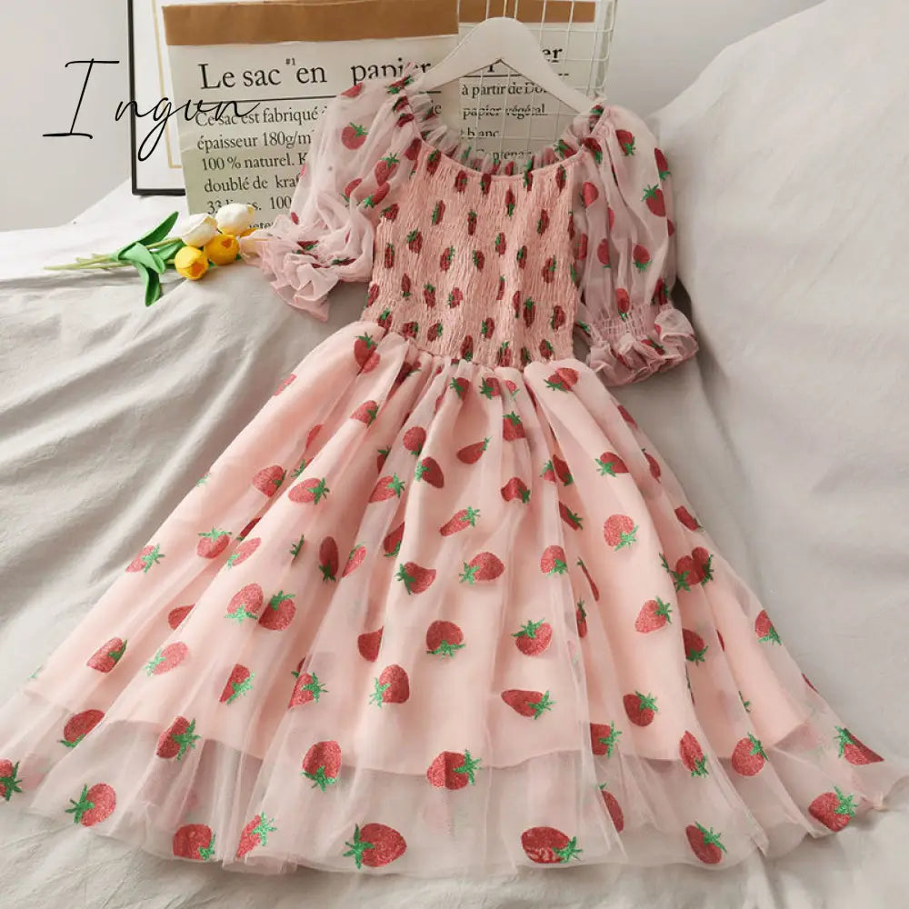 Ingvn - Strawberry Dress Women French Style Lace Chiffon Sweet Dress Casual Puff Sleeve Elegant Printed Kawaii Dress Women New