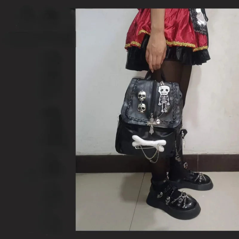 Ingvn  Gothic Y2k Backpacks for Women Vintage Black Skeleton Cross Hip Hop Backpack Aesthetic Fashion Pu Leather Luxury Female Bag