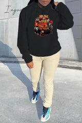Ingvn - Black Vintage Character Draw String Hooded Collar Tops