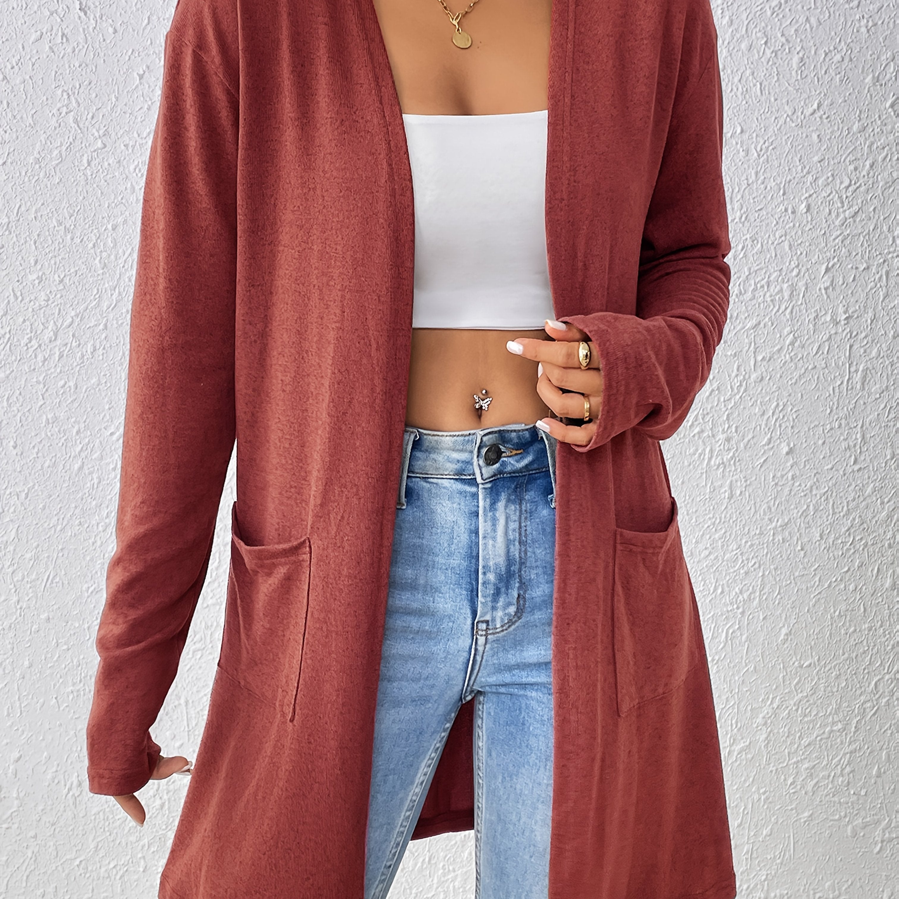 Dual Pockets Open Front Cardigan, Stylish Solid Color Long Sleeve Cardigan For Spring & Fall, Women's Clothing