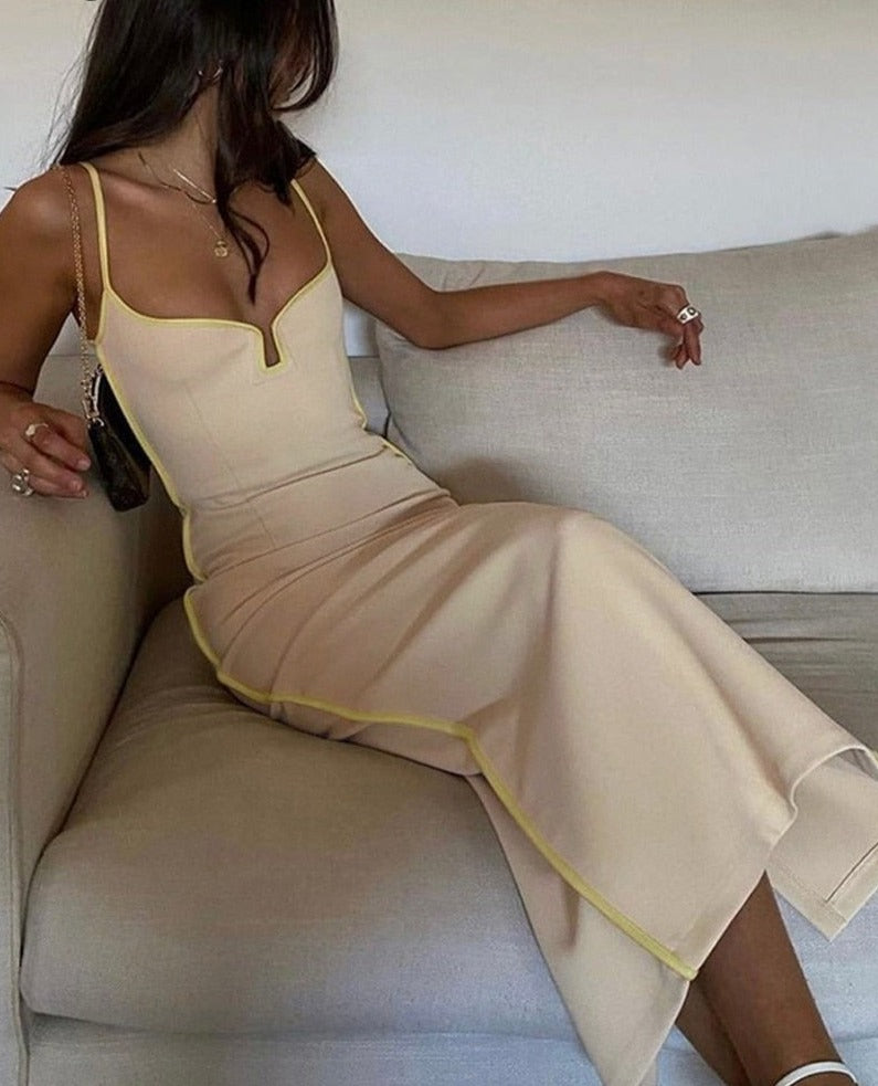 Bright Line Decoration Slip Backless U Neck Skinny Maxi Dress Spring Bodycon Fashion Y2K Streetwear Outfits